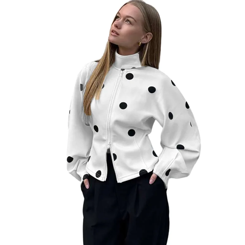 2025 nuevo estilo europeo y americano Otoño e Invierno ropa de mujer moda temperamento lunares cuello alto doble cremallera