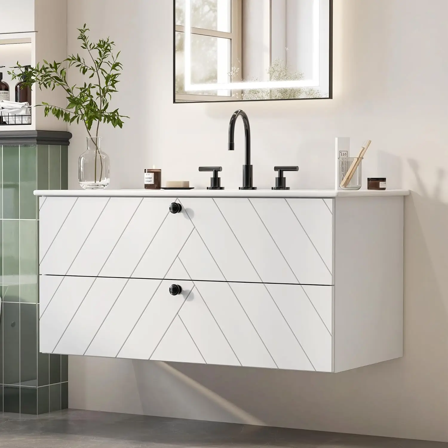 

36 inch Floating Bathroom Vanity with Sink, 2 Drawer Bathroom Cabinet with White Ceramic Sink, Large Wall Mounted, Customized