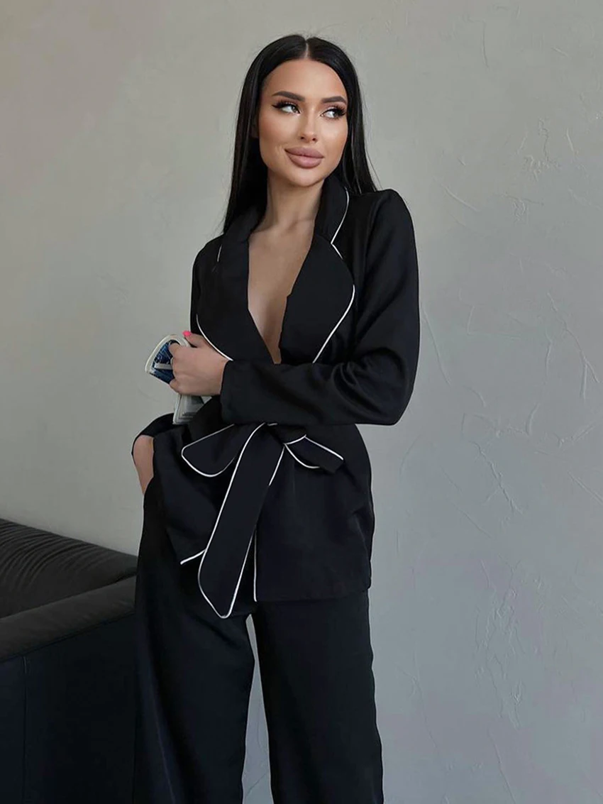 Marthaqiqi Fashion Ladies Nightgowns Set Sexy Turn-Down Collar Sleepwear Long Sleeve Pajamas Lace Up Pyjamas Pants Nightie Suit
