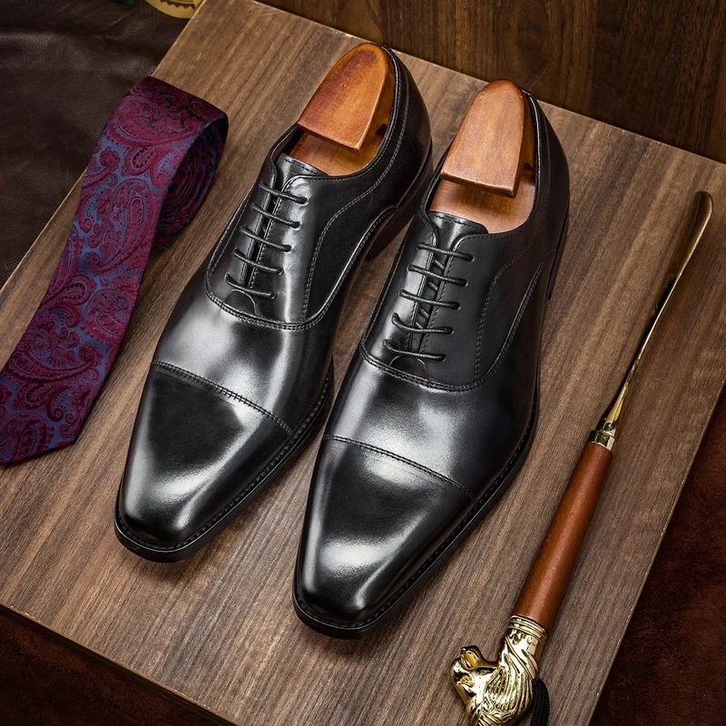 Men's Spring/Summer Business Formal Square-Toe Three-Panel Korean Style Leather Shoes