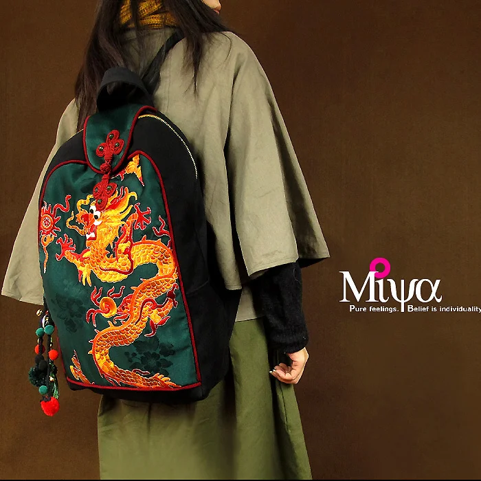 Chinese tradition Chic leisure travel dragon embroidery canvas backpack dragon ethnic bag schoolbag travelling bag Hiking bag