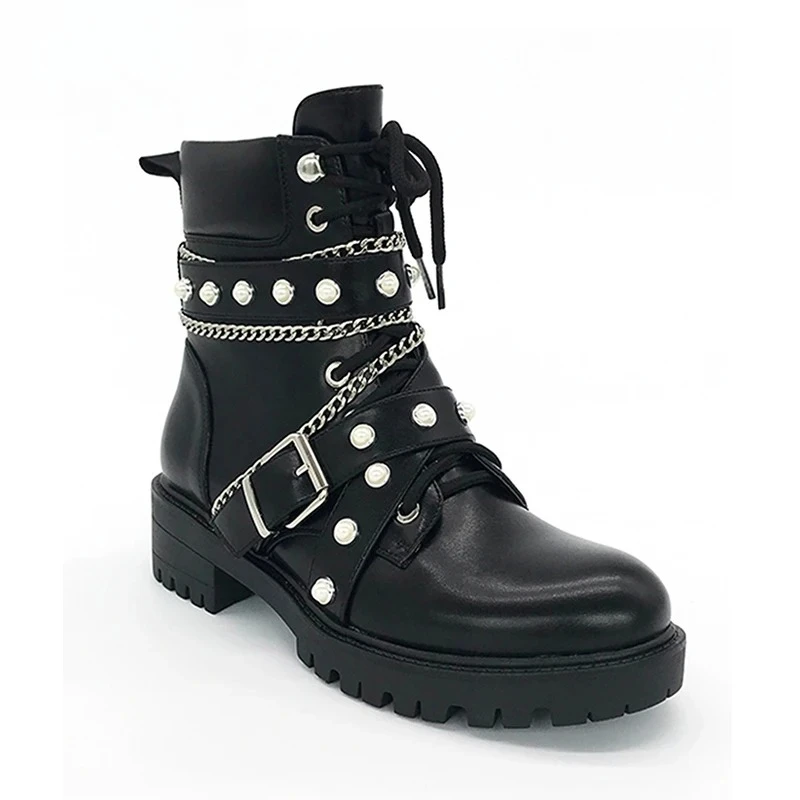 

Fashion Ankle Boots for Women Punk Gothic Style Rivets Pearl Thick Sole Motorcycle Boot Designer Belt Buckle Chain Short Booties