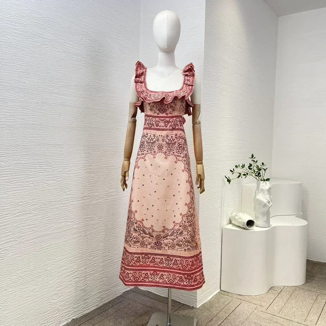 

Linen 2024 New Collection Paisley Printing Yellow Cut Out High Quality Flouncing Ruffles Sleeveless Women Pink Midi Dress