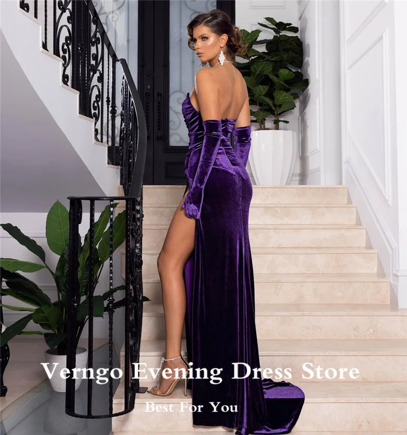 Verngo Purple Velvet Prom Dresses V Neck Slit Sexy Party Dress Floor Length Evening Gowns Formal Dress With Gloves customized