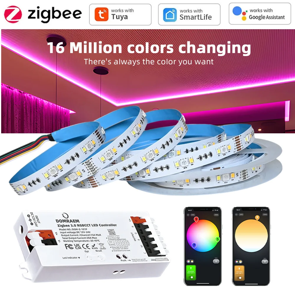 5M 10M 20M Zigbee 3.0 RGB+CCT LED Strip 24V Flexible Dimmable Ceiling Room Lighting Party Decor for Alexa ECHO SmartThings Tuya