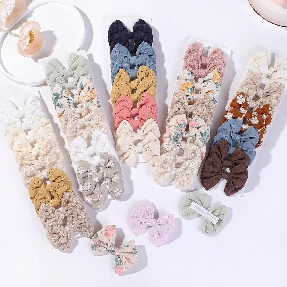 10Pcs Baby Bows Hairgripes Cotton Embroidery Hair Bow Hair Clip Set Sweet Girl Kids Hairpins Headwear Handmade Barrette