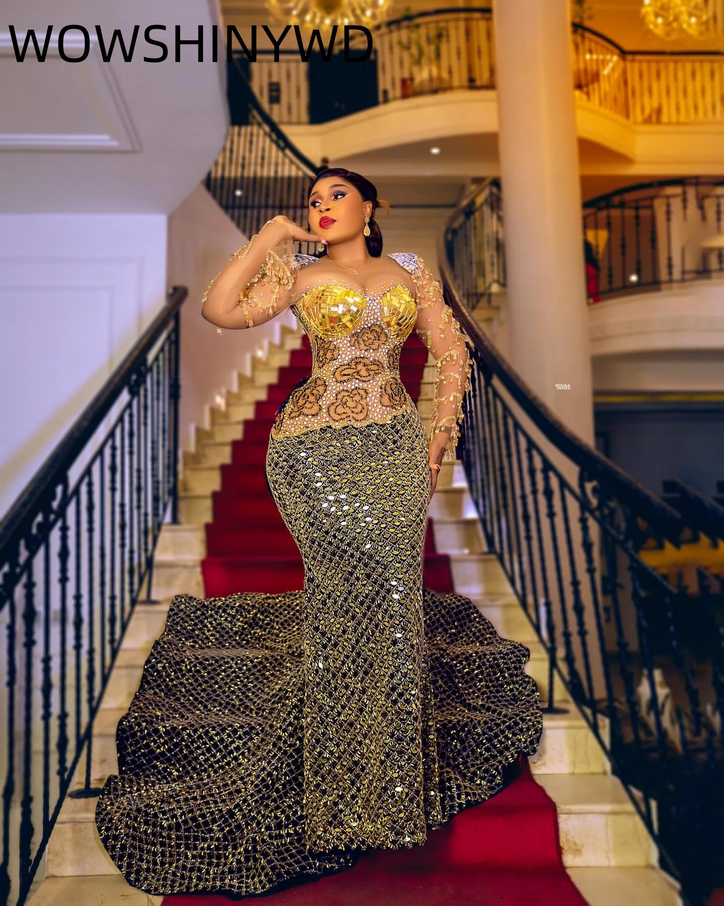 Customized 2024 Black Gold Mermaid Prom Dresses Rhinestones Beaded Evening Formal Party Second Birthday Gowns Dresses ZJ125