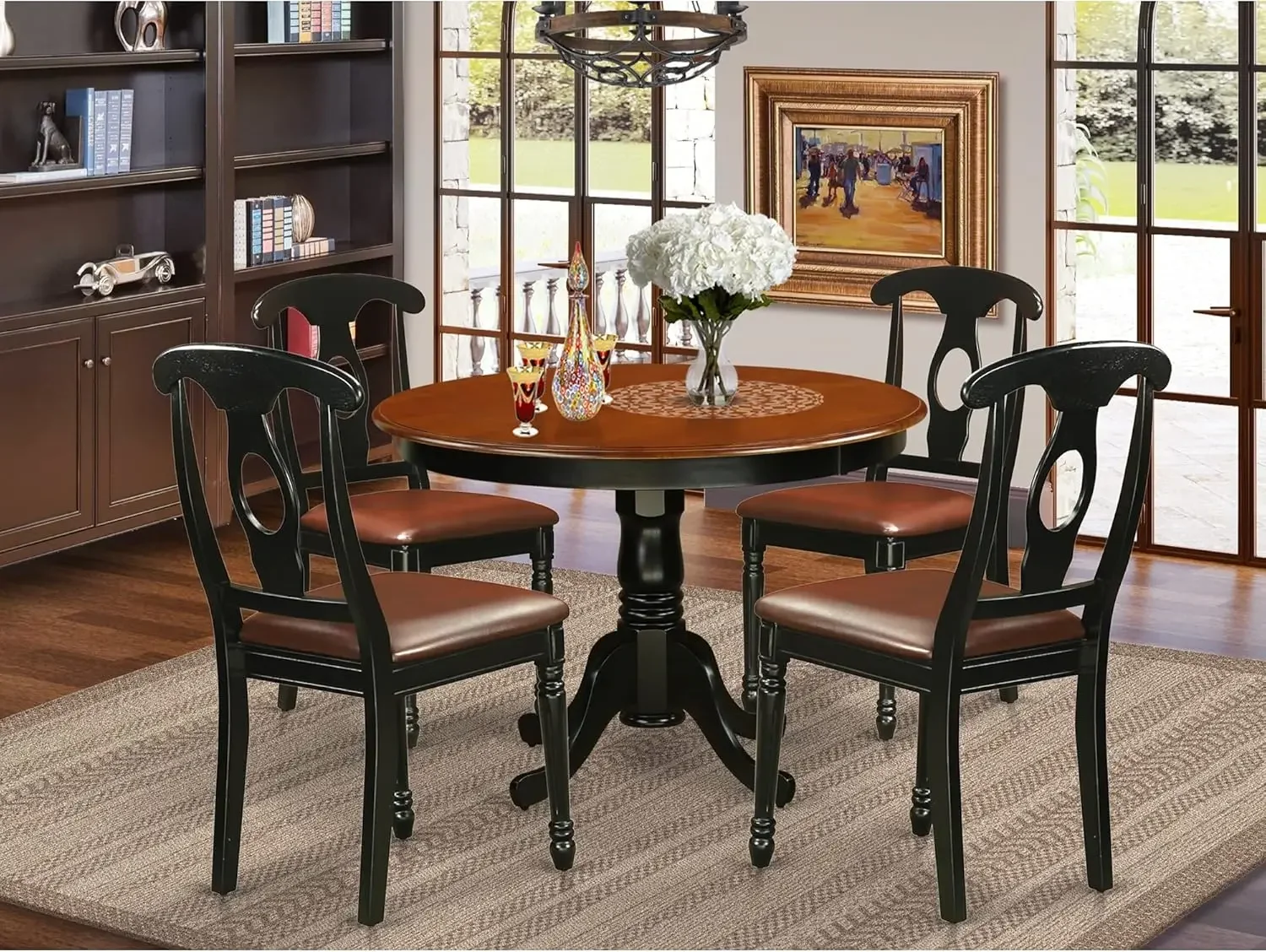 5Piece Kitchen Table & Chairs Set Includes a Round Dining Room Table with Pedestal and 4 Faux Leather Upholstered Dining Chairs,