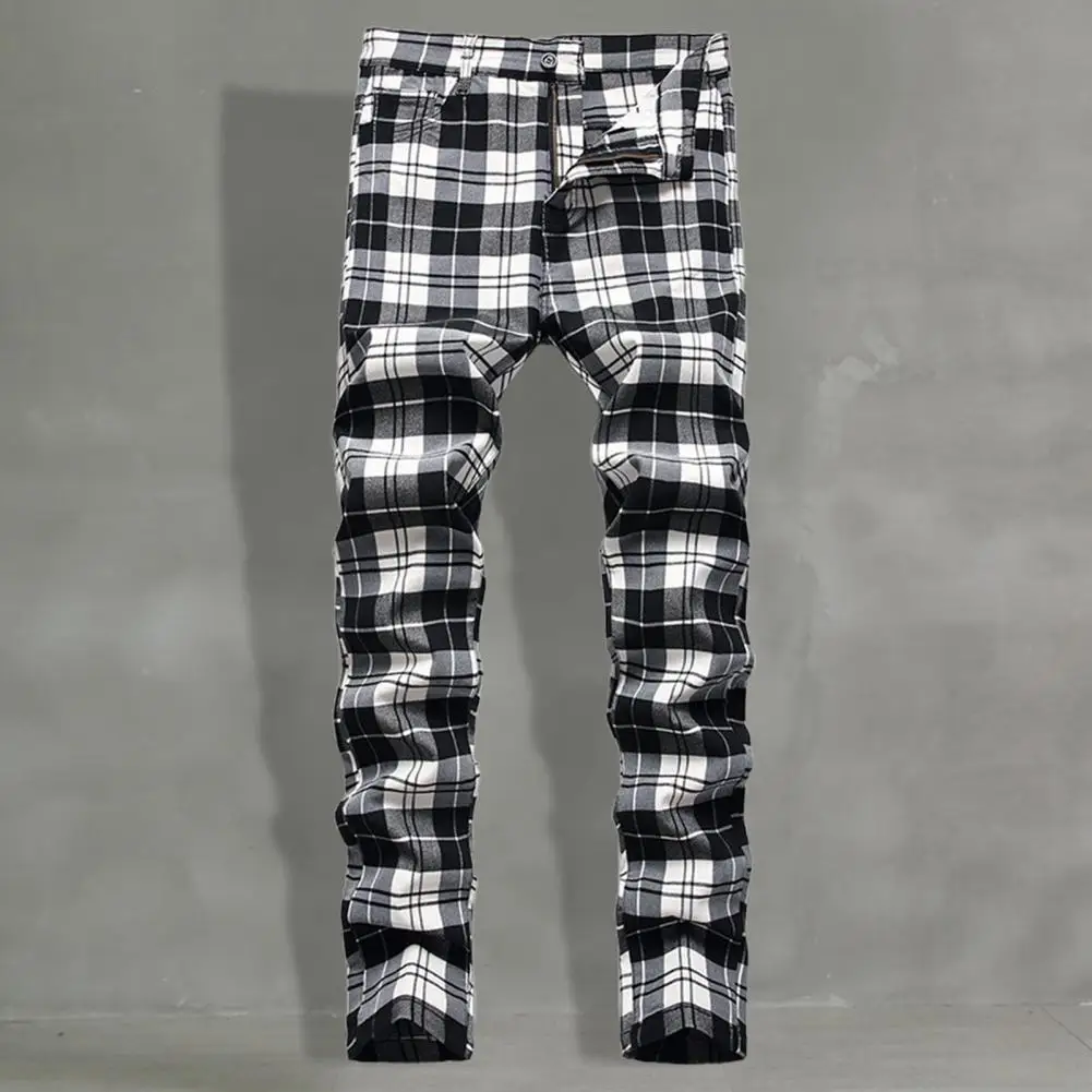 Men Button Zip Trousers Button Fly Slim Fit Plaid Print Wild Skinny Soft Full Length Men Red Plaid Printed Pants for Work