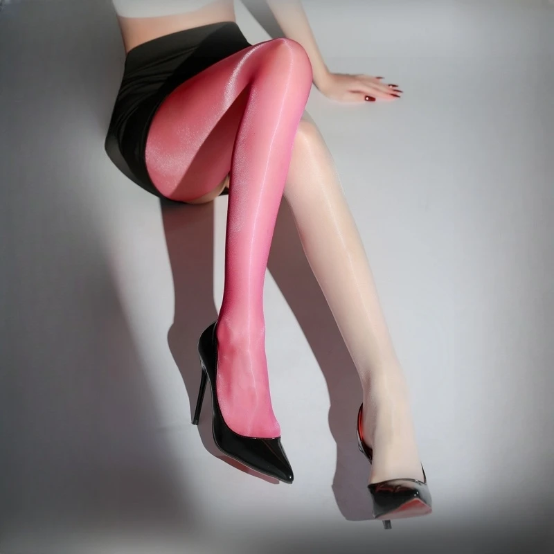 1D Ultra Thin Transparent Cross Thigh High Stockings Women Sexy Oil Shiny Crotchless Pantyhose Hot Pole Dance Clubwear