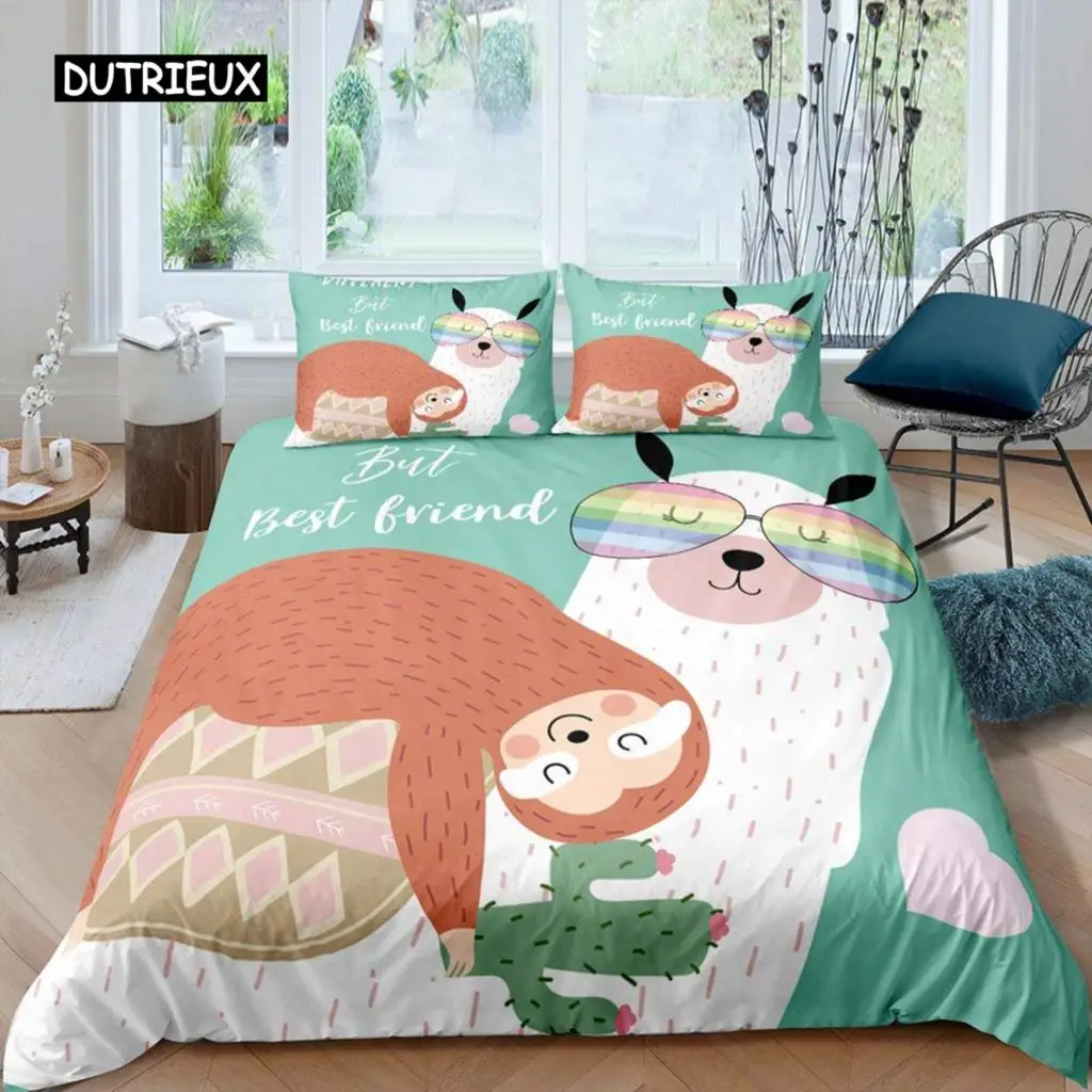 Alpaca Duvet Cover Set Cute Sloth Comforter Cover Cactus Funny Animal Bedding Set Polyester Love Heart Cartoon Style Quilt Cover