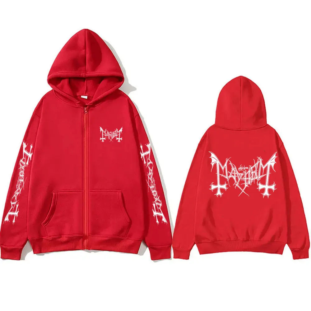 Mayhem Hoodie ritsleting grafis Pria Wanita Hoodie ritsleting Rock Death hitam Metal Gothic Band Zip Up jaket bulu domba ukuran besar Zip Up