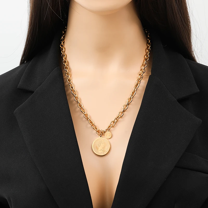 GANEMLY 316L Stainless Steel Coin Portrait Pendant Necklace For Women New 18K Gold Plated Neck Chain Waterproof Jewelry Gift