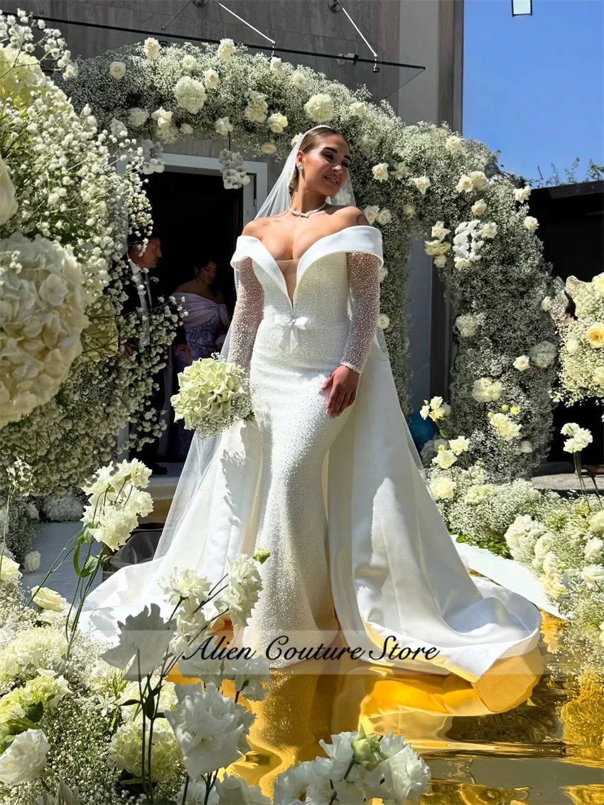 

Customized Luxury Detachable Train Mermaid Wedding Dress Veil Beading Crystals V Neck Long Sleeve Bride Gown Vestido De Novia