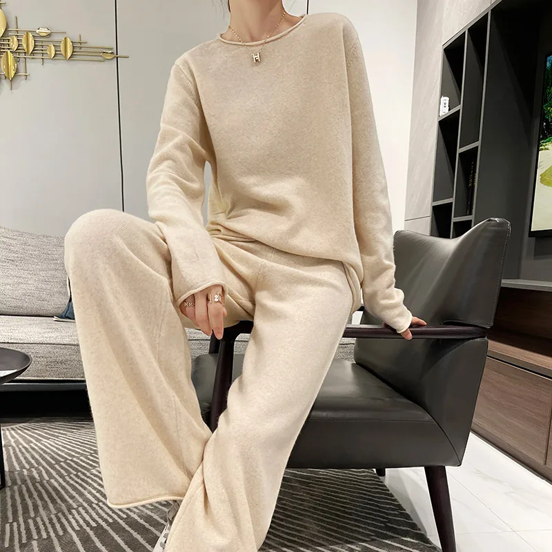 SZDYQH 100% Merino Wool Suit Autumn/Winter New Fashion Two-Piece Set Women\'s Round Neck Pullover Casual High Waisted Pants Suit