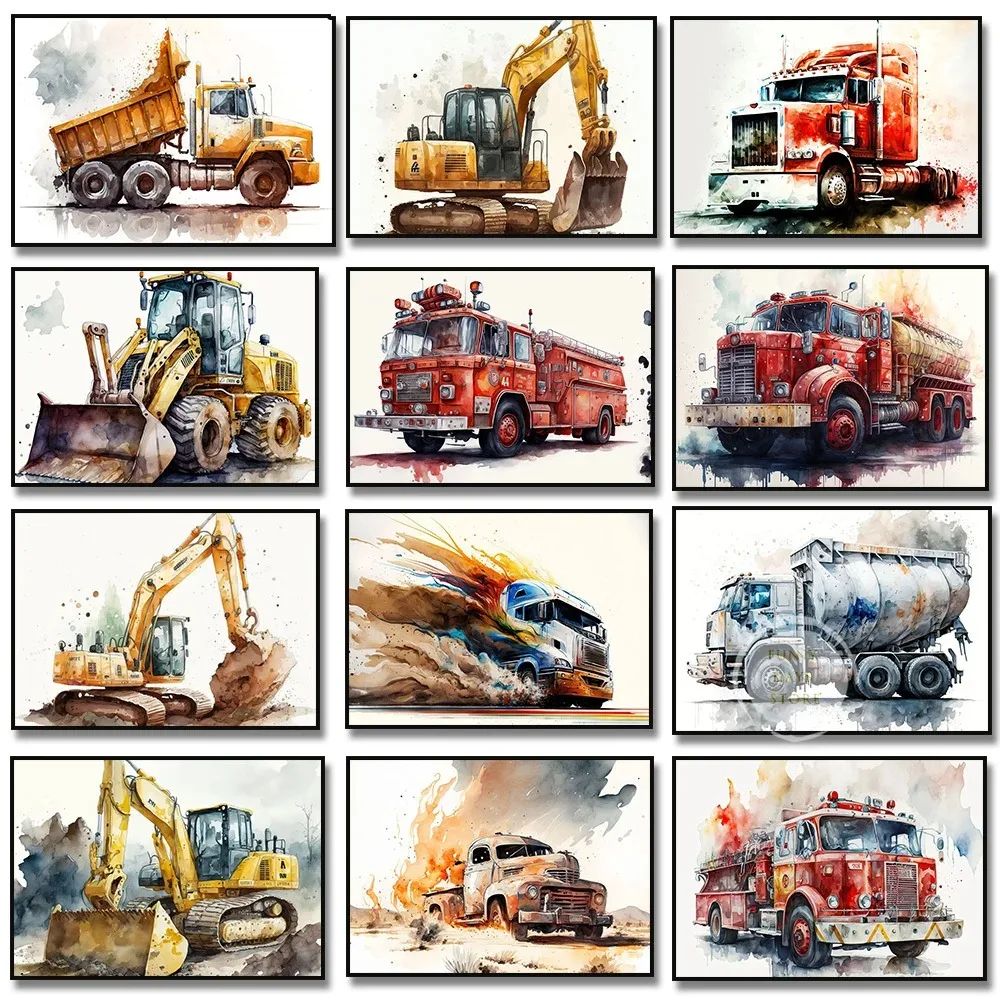 Pintura en lienzo de acuarela para niños, póster de coche de juguete, camión de construcción, motor de bomberos, ambulancia, arte de pared nórdico, imagen, decoración de habitación de niños