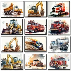 Watercolor Child Toy Car Poster Construction Truck Fire Engine Ambulance Canvas Painting Nordic Wall Art Picture Kids Room Decor