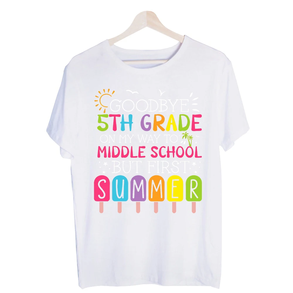 Kids' Goodbye 5th Grade Typography Graphic Tee, Short Sleeve T-Shirt for Summer Vacation and School Events