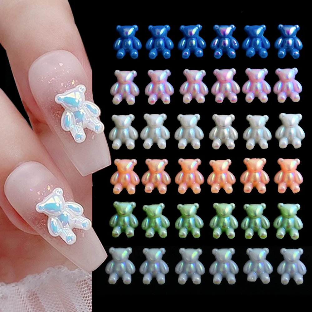 10-100PCS 3D Colorful Aurora Bear Nail art Decoration Resin Mirror Effect Mini Jewelry 8mm Kawaii Bear Charms DIY Manicure Parts