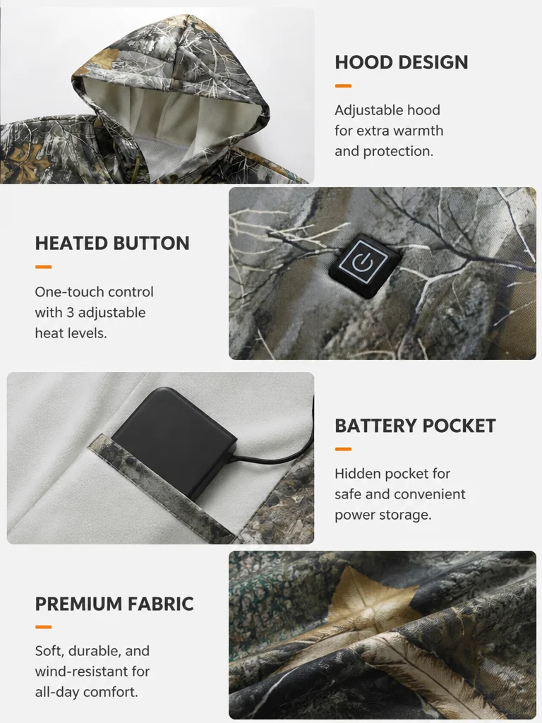 Men's Heated Hoodie with 12 Heating Zones Camouflage Leaf Print Smart Temperature Control Three Levels Winter Outdoor Hunting Warmth (Battery Not Included)