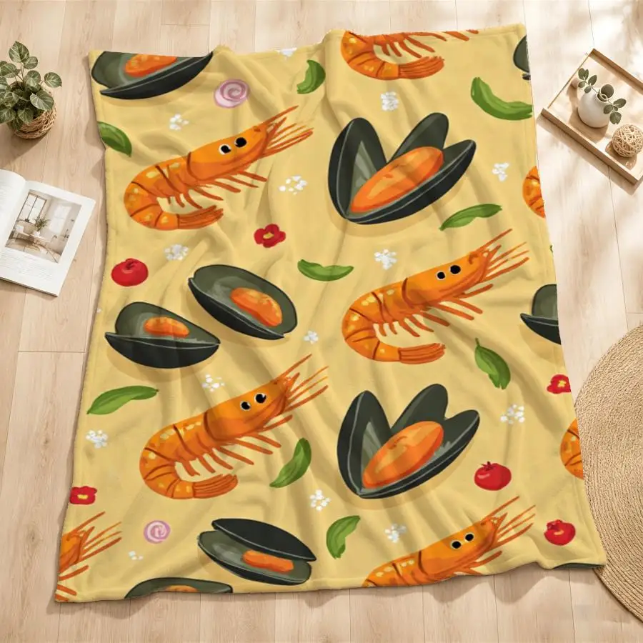 Cozy Seafood And Veggie Pattern Flannel Throw Blanket - Soft, Warm Yellow Background with Shrimp And Mussels, Ideal for Couch, Bed, Office & Travel, Perfect Gift for Friends & Family, Machine Washable 2D Flat Weighted Blanket 280GS