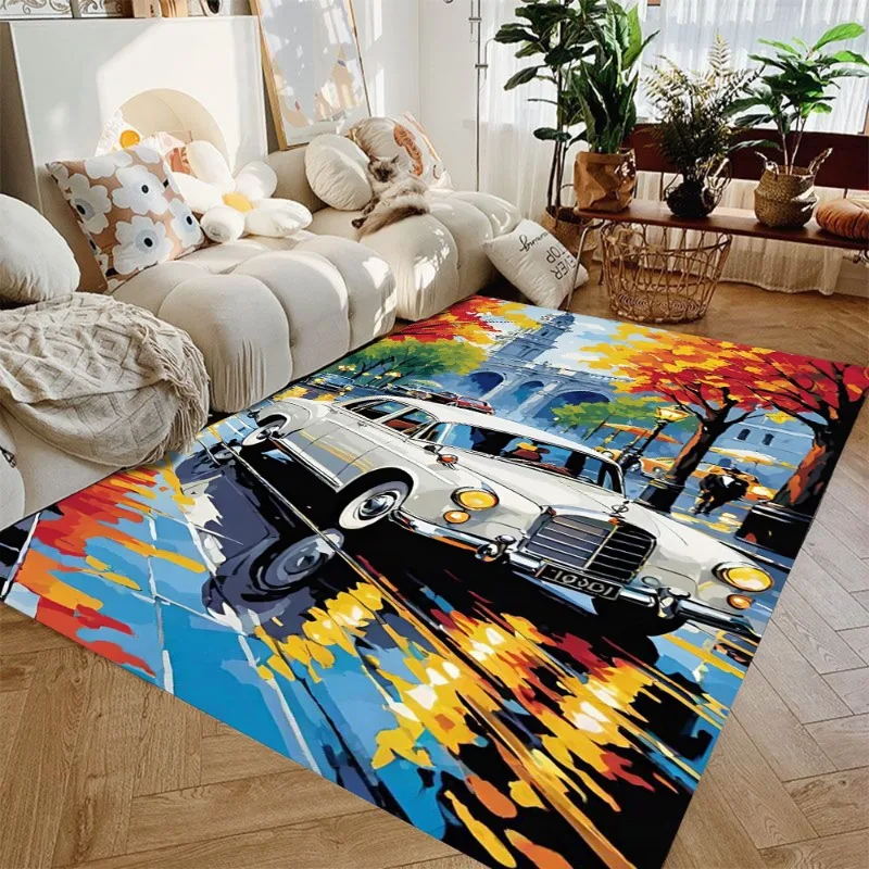 Colored Classic Car Mats Ink Painting Colorful Classic Racing Car Carpet Living Room Esports Room Garage Decor Non-slip Carpet