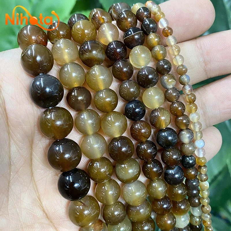 Natural Brown Coffee Agates Round Spcaer 4/6/8/10/12/14mm Beads DIY Bracelet Ring Earrings for Charms Jewelry Making 15