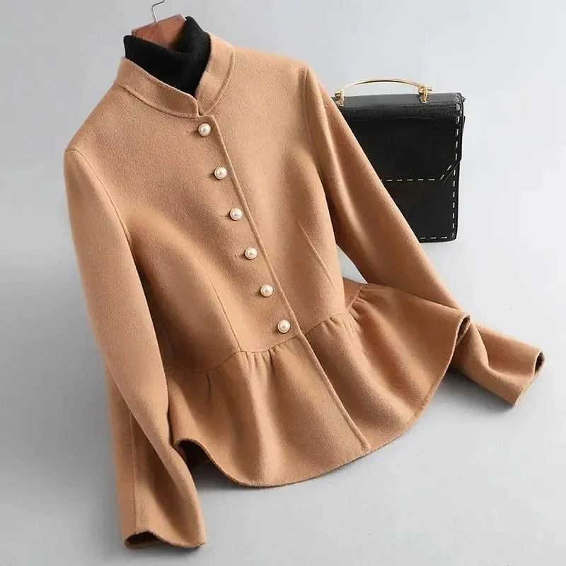 Single Breasted Lotus Leaf Swing Short Coat Women 2024 Autumn Winter New Slim Fitting Slim Long Sleeved Short Woolen Jacket Top