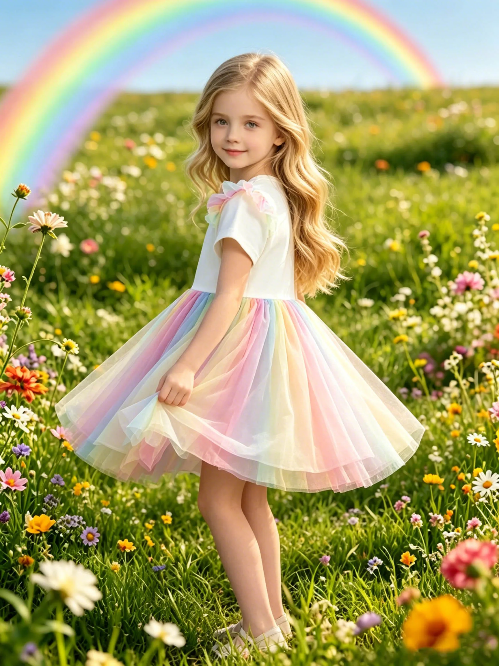 Girls' Star Rainbow Mane Unicorn Flutter Sleeve Dress, Macaron Rainbow Tulle Full-Skirt Princess Dress