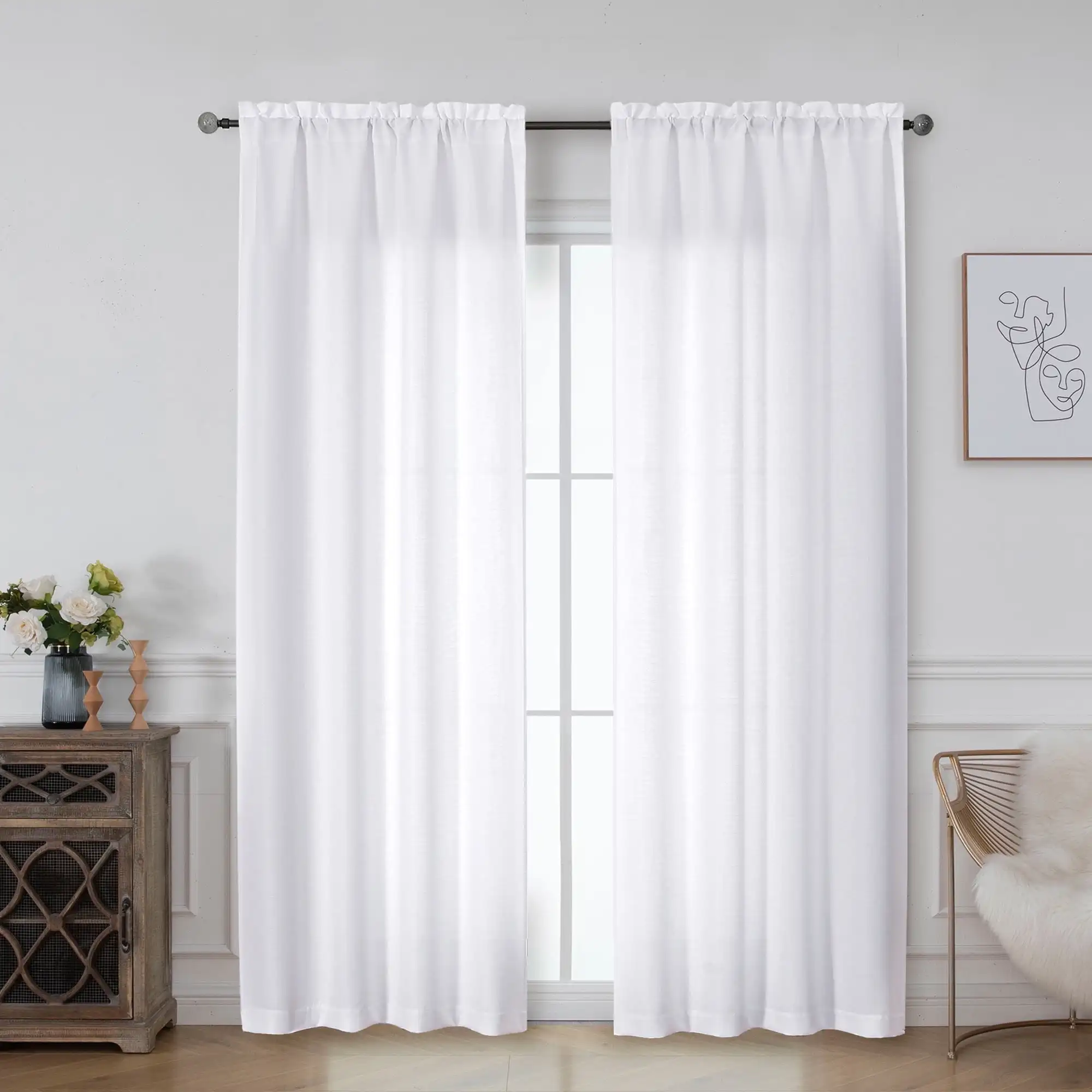 2pcs Curtains Peach Skin Polyester White Solid Soft Light Filtering Slub Textured Rod Pocket Living Room Bedroom