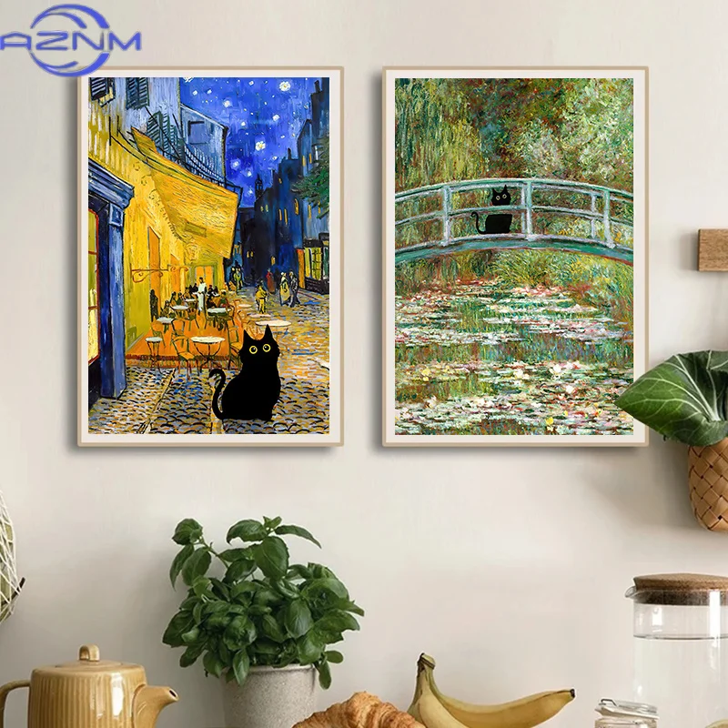 Famous Paintings Mona Lisa Starry Night With Funny Black Cat Poster Canvas Painting Sunflower Reproduction Wall Art Home Decor