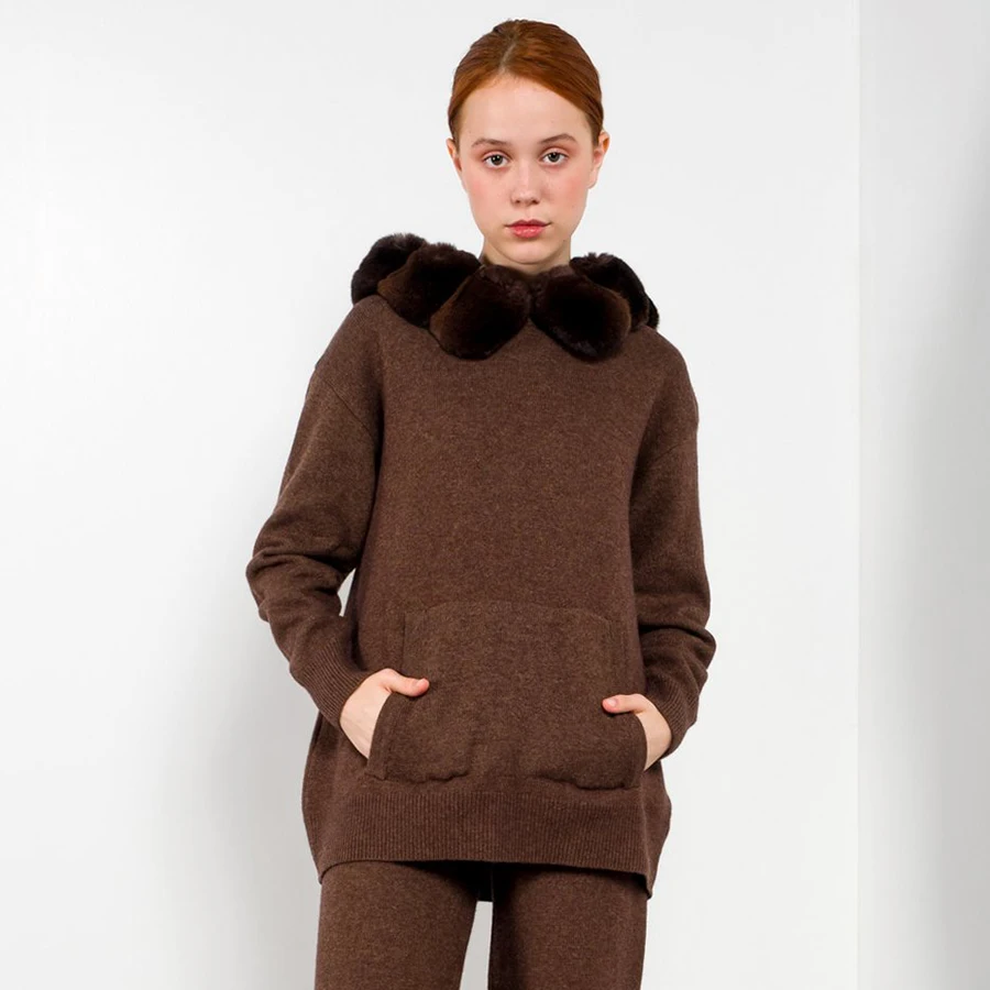 Knitted Sweater Women Real Fur Pullover Autumn Winter Fashion Jumper Natural Rex Rabbit Fur Collar Warm Casual Hoodie