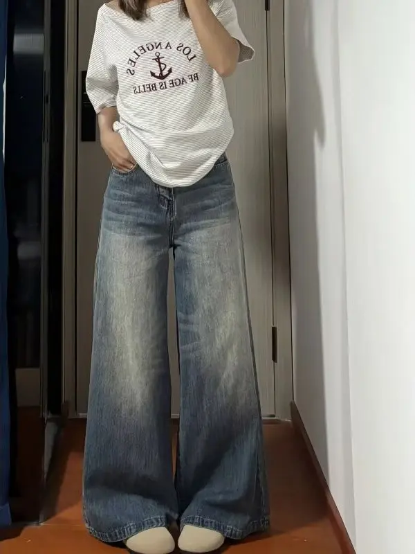 

plus Size Women's Vintage High Waist Straight Leg Jeans Loose Fitting Floor Length Trousers Pear Shape Body Slimming Casual J...