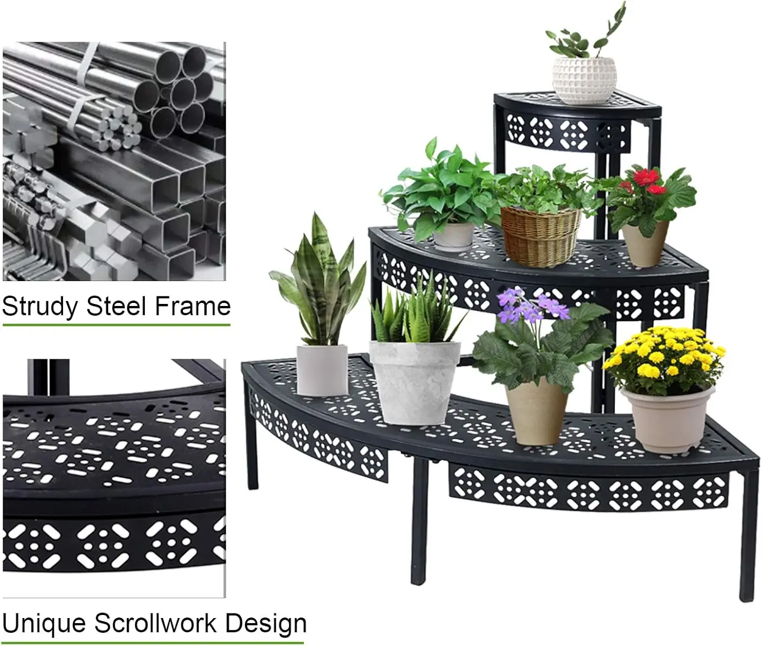 

3 Tier Plant Stand Flower Pot Rack, Metal Stair-Step Style Corner Shelf Planters,Quarter Round Display Holder(Black, Semicircle)