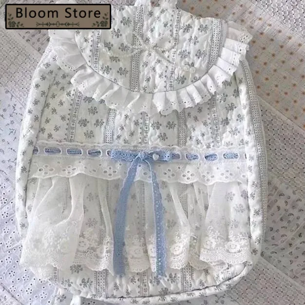 

Lace Patchwork Pleated Bow Schoolbags Girls Sweet Kawaii Flower Print Backpacks Korean Chic Fashion Y2k Aesthetic Cute Backpack