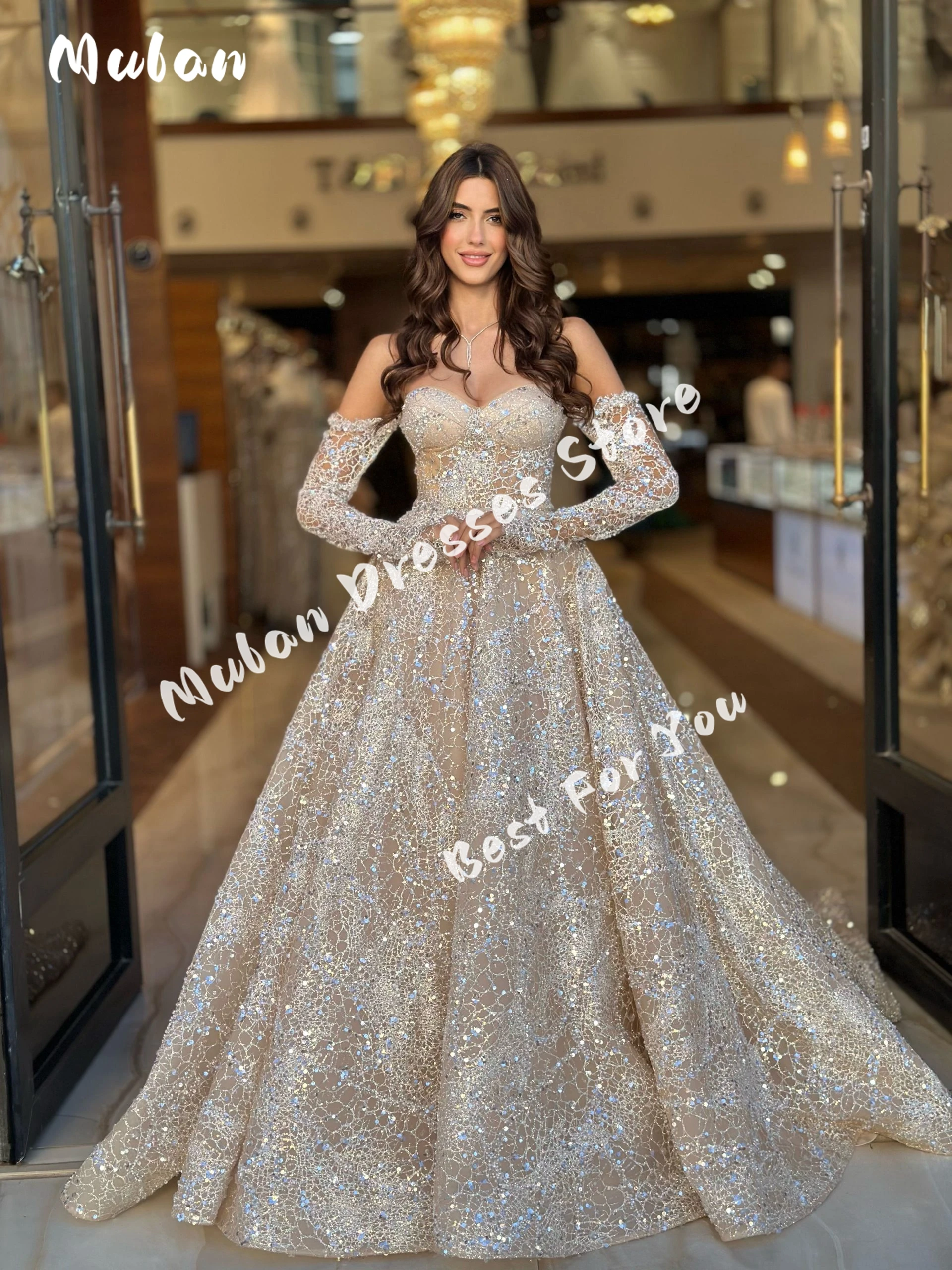 

Champagne Sequins Luxury Evening Dresses 2024 Long Sleeves A-line Sparkly Sweetheart Formal Dresses For Prom vestidos de fiesta