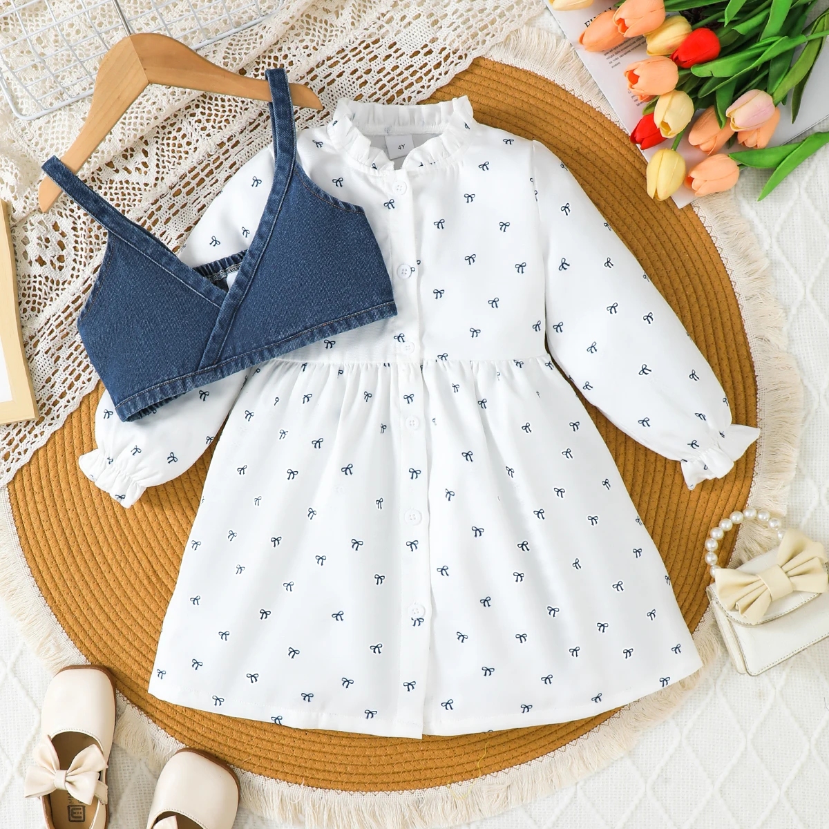 Little Girl Dress 2Pcs Set Ruffle Bow Print Clothes+Denim Cami Vest For 4‑7 Years Old Kids Spring Fall Casual School Party Dress