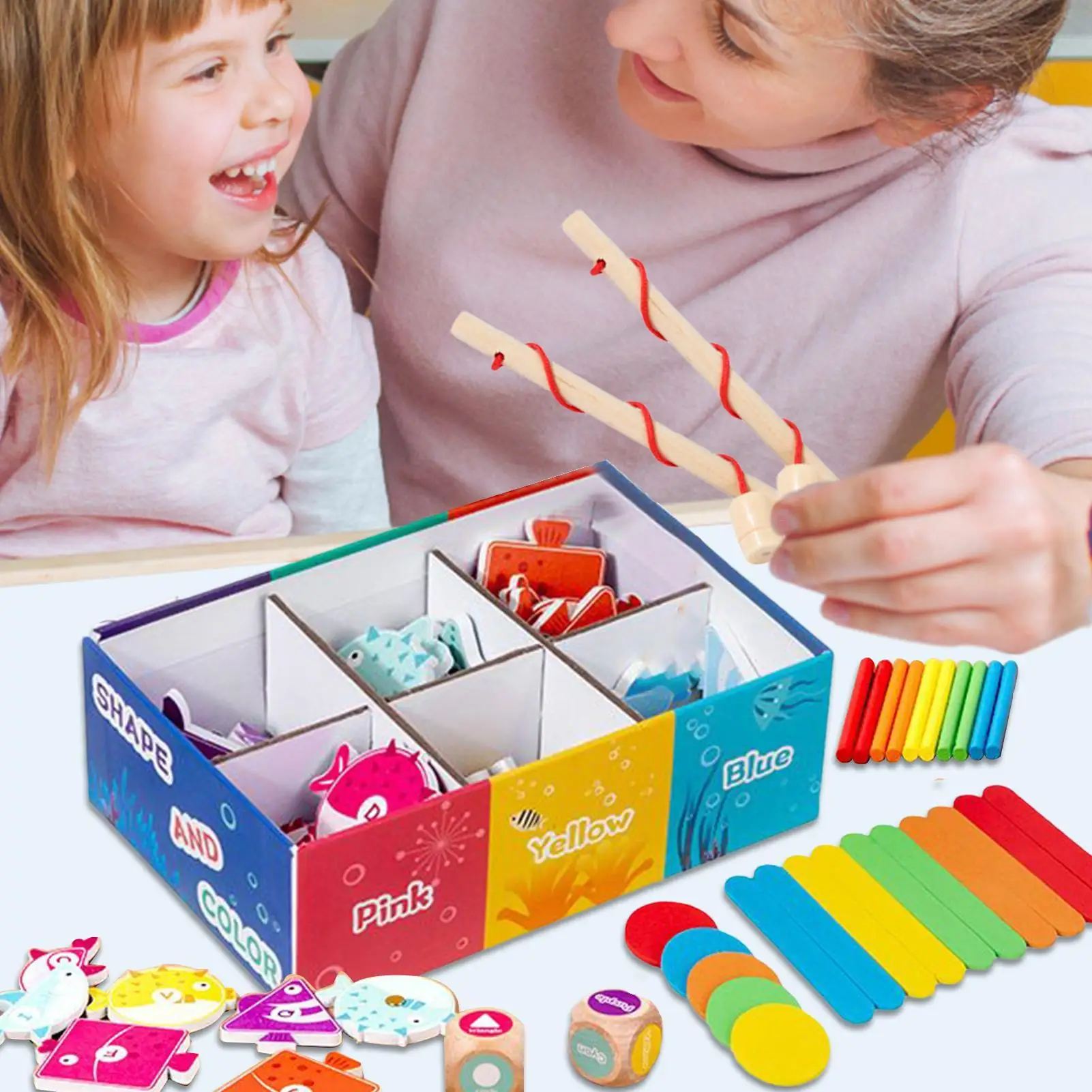 Caixa de classificação de forma de cor de madeira brinquedo de classificação de forma de cor magnética atividade de classificação de jogo de pesca para crianças pré-escolares