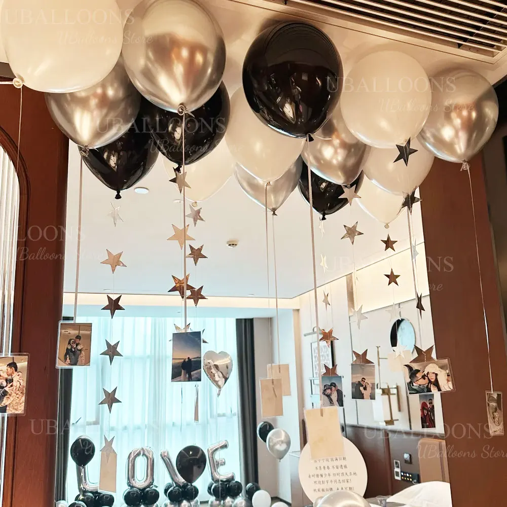 33-teiliges Set Weiße, Silberne und Schwarze Luftballons mit Sternengirlande, Funkelnde Hängende Ballons für Geburtstag, Hochzeit, Babyparty-Dekoration – Detail 4