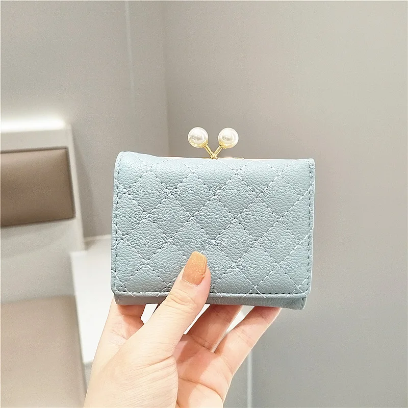 Pearl Decoration Money Bag Fashion PU Three Fold Coin Purse Multi-purpose Solid Color Mini Wallet for Women Student