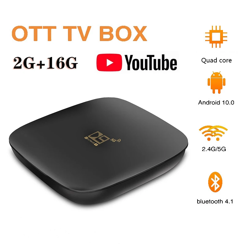 

ТВ-приставка OTT D9, Android 10, 2 + 16 ГБ, Ultra HD, 2,4/5 ГГц, Wi-Fi, Bluetooth