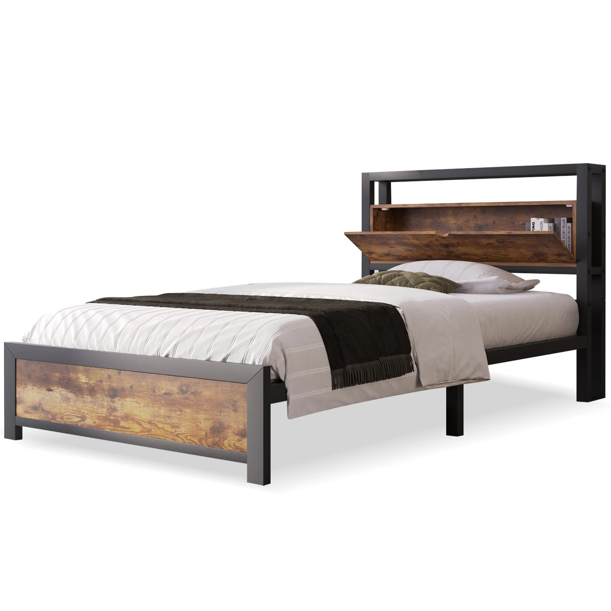 Lit avec rangement 90x200 cm, cadre en métal avec sommier à lattes, neutre, sans matelas