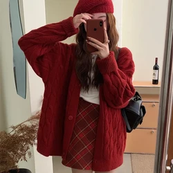 Korean Fashion Female Red Knitted Cardigan Sweater Lazy Wind Loose Cardigans Coat Spring Autumn Casual Thicken Sweater Jacket