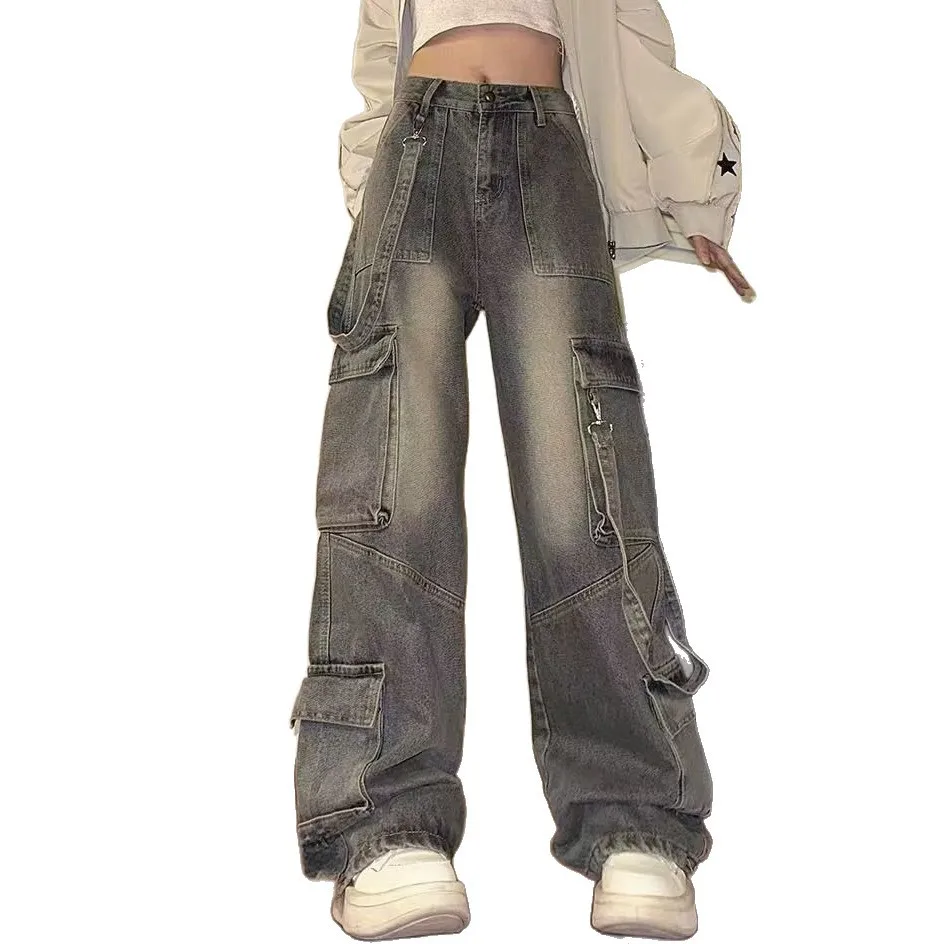 American Street Vibe Hot Girl Cargo Jeans For Women Petite High Waist Loose Slimming Wide Leg Straight Long Pants Trendy 4