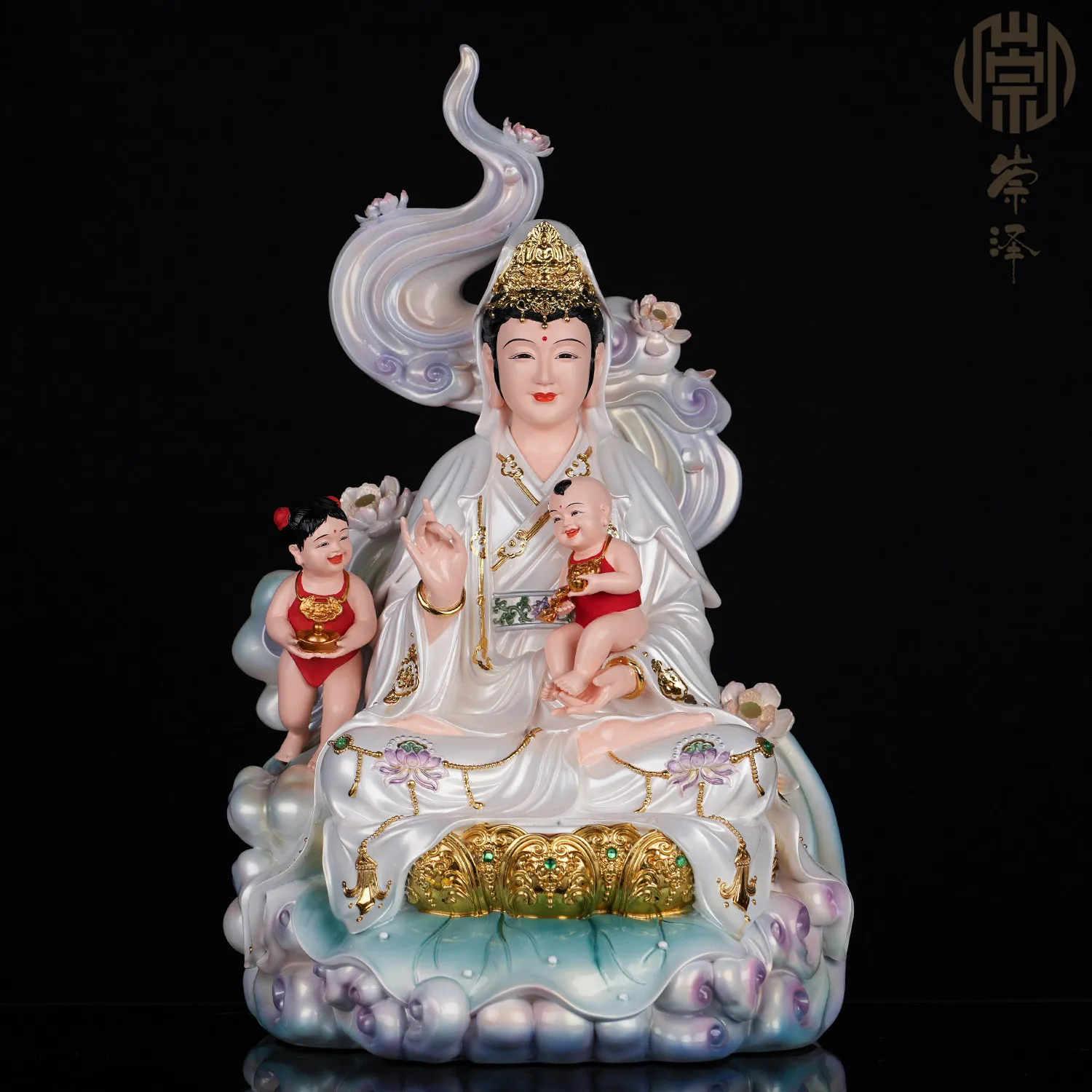 Cz guanyin  statue nanhai white clothes sitting lotus sending son guanyin queen household worship resin ornaments