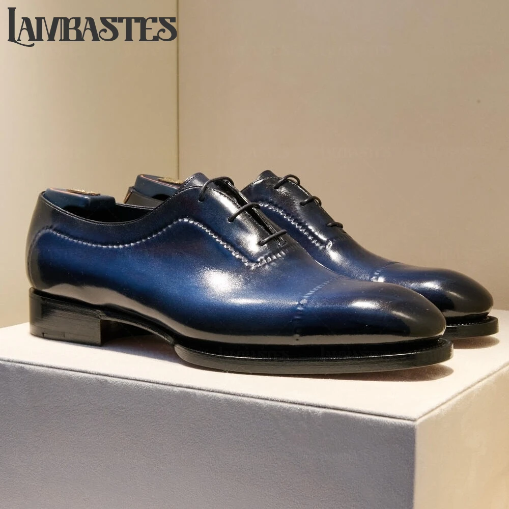 Stitched Oxford Shoes Lace up Polished Leather Dress Shoes with Hand Stitched Seamless Upper Black Blue Hand Painted Dress Shoes