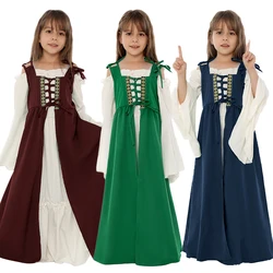 Kids Girls Medieval Renaissance Dress Cosplay Costumes Halloween Long Flare Sleeve Lace-up Vintage Maxi Gown Dress