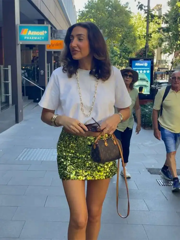 

15 colors Women Shiny Green Sequ Mini Skirt Fashion High Waist Bodycon Short A-line Skirts Lady Sexy High Street Partywear 74Z3