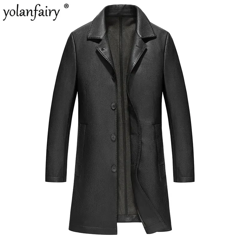 YOLANFAIRY Autumn Winter New Genuine Leather Jacket Men Top Layer Cowhide Coat Long Windbreaker Slim Jaqueta De Couro Masculino