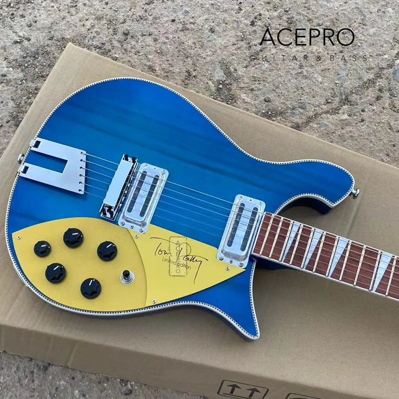 660 Electric Guitar Trapeze Tailpiece, Blue 6 String Guitarra, Gold Pickguard, Checkerboard Binding Guitarra